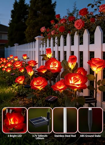 Brightown Outdoor Solar Flower Lights, 4 Pack Solar Garden Light with Larger & More Realistic Red Rose, Bigger Solar Panel, Waterproof Solar Lights Outdoor for Yard Garden Lawn Pathway Decoration - color: Red Rose