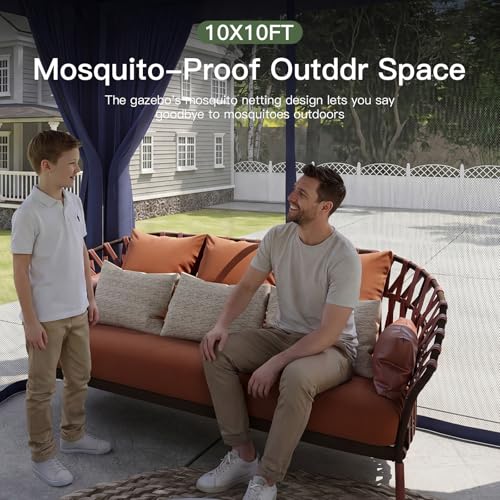 Aoxun Outdoor Gazebo for Patio 10x10 Metal Frame Canopy with Double Roofs Heavy Duty Party Tent and Shelter with Mosquito Netting and Privacy Screen for Backyard, Lawn, Garden, Deck (Navy Blue) - color: Navy Blue, size: 10 X 10