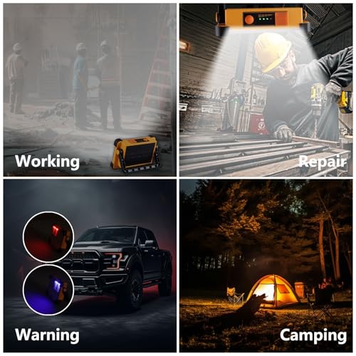 120W Solar Rechargeable Work Light, 144 LED 10000LM Portable Flood Light with Stand, IP66 Waterproof 4 Modes LED Job Site Lighting Flashlights for Mechanic Camping Fishing Car Repair - style: Yellow 1 Pack