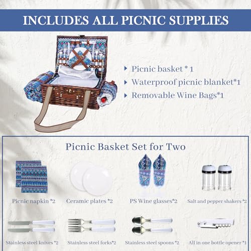Neti Neti Wicker Picnic Basket for 2 Boho with Insulated Cooler & Waterproof Blanket – Large Willow Picnic Hamper for Outdoor, Camping, Beach, Romantic Dates, Valentine’s Day - color: Boho 2