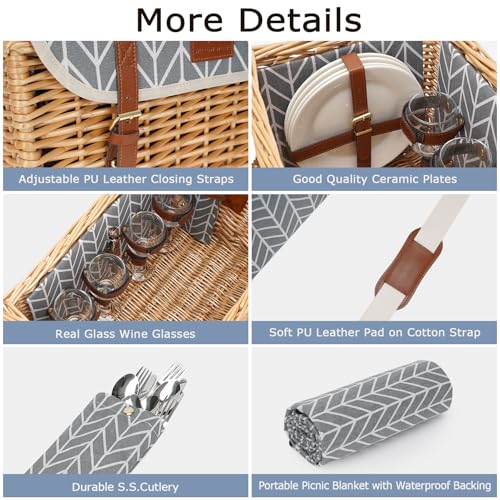 WILLOW WEAVE Luxury Picnic Basket, Wicker Picnic Basket Set for 4, Picnic Basket with Blanket & Portable Table for Camping and Outdoor Party - Gray - size: L for 4P-BlueLeaf