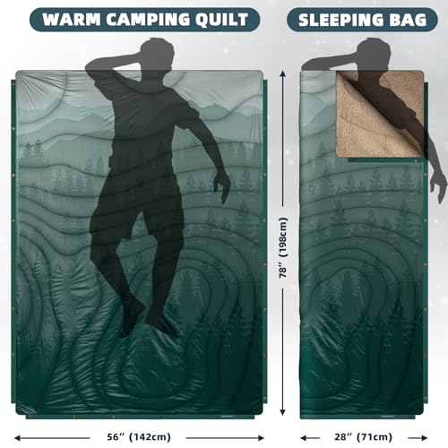 Outdoor Camping Blanket with Sherpa Lining, Extra Warm Thick Camp Blankets and Puffy Ultralight Soft Poncho DWR Camping Quilt for Cold Weather, Adventure, Sleeping, Backpacking 78"x 56" - color: Pale Green, size: 78 x 56 inches