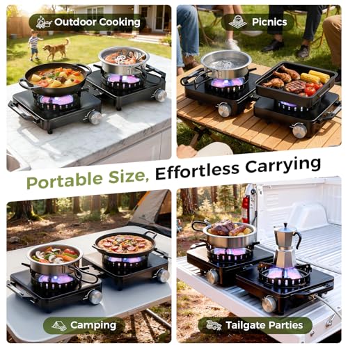 MoKo Propane Camping Stove 2 Burner, 36,000 BTU Infrared & Open Flame Hybrid, Windproof Folding Portable Outdoor Gas Cooking Kit with Frying Pan & Carry Bag For RV, Tailgating, Survival, Black - color: Black