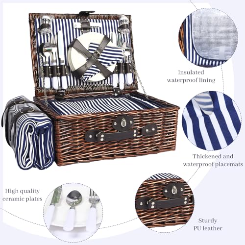 Neti Neti Wicker Picnic Basket for 4 with Insulated Cooler & Waterproof Blanket – Large Willow Picnic Hamper for Outdoor, Camping, Beach, Romantic Dates, Valentine’s Day - color: Blue Stripe