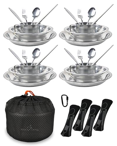 Stainless Steel Camping Mess Kit - Person's Complete Picnic & Camp Dish Set, Includes Plate, Bowl, Cup & Utensils