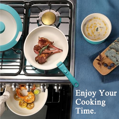 GIPP 5pcs Pots and Pans Set Non Stick, Nonstick Cookware Set Detachable Handle, Ceramic Pots for Cooking Non Stick with Removable Handle, RV Cookware Set for All Stoves, Light Blue Gradient - color: Light Blue Gradient, size: 5PCS