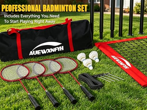Backyard Badminton Set: Portable Outdoor Net with 4 Performance Rackets, 3 Shuttlecocks & Boundary Line - Complete Heavy-Duty Set for Family Lawn, Grass & Beach Games - color: Red