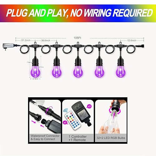 105FT Solar Outdoor String Lights, 32 Shatterproof E26 Edison LED Bulbs, Dimmable RGB Color Changing Patio Lights Waterproof with Remote. for Backyard, Garden, Party, Bistro, Cafe - size: A55 105FT