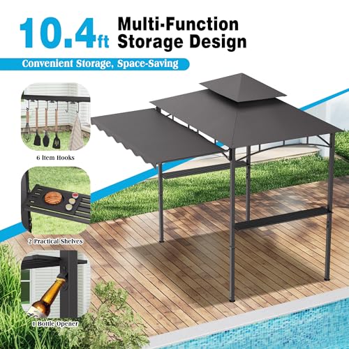 TITIMO 8'x 8' x 7.8' Double Tiered Grill Gazebo with Side Awning,Outdoor Patio BBQ Pergola, Heavy-Duty Metal Frame Canopy Tent with Side Shelves,Hooks,Bottle Opener for Lawn Deck and Garden (Gray) - color: Gray