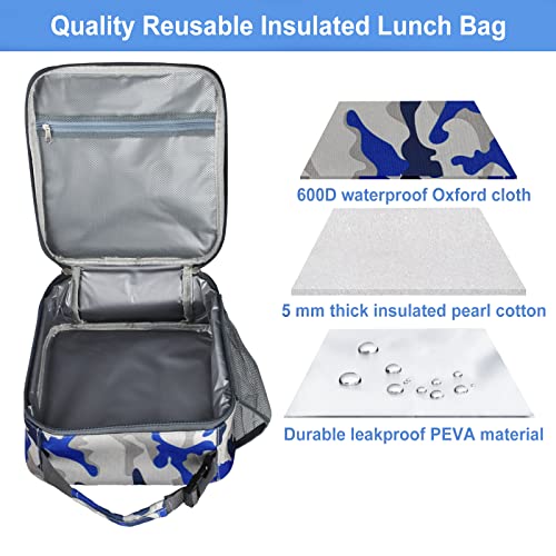Insulated Lunch Bag, Leakproof Portable Box for Women Men Boys Girls, Large Capacity Cooler Bag with Handle and Bottle Pocket for Office School Camping Hiking Outdoor Beach Picnic (Camo Blue) - color: Camo Blue