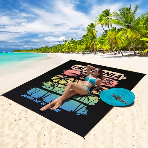HIHOHO Beach Blanket Waterproof Sandproof Extra Large Beach Mat 79" X 83"/120"x108"for 1-8 Adults Quick Drying Durable Outdoor Picnic Mat for Beach Travel Camping Hiking - color: Coconut Tree - Rainbow - California, size: 79" X 83"（1~3 person）