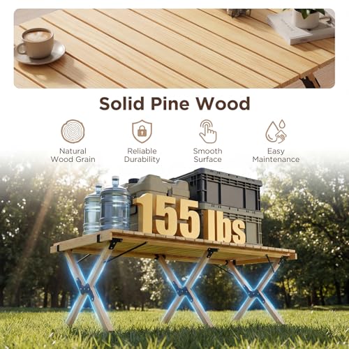 GYMAX 48 Inch Folding Camping Table, Roll-Up Pine Wood Picnic Table with Carry Bag, Portable Lightweight Low Beach Table for BBQ, Party, Backyard Camping