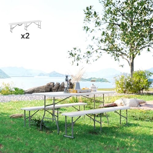 Outsunny 2-Pack 6 Ft. Plastic Folding Benches, Portable Foldable Bench Seats with Carrying Handle, Non-Slip Mat, HDPE Tabletop, Picnic Benches for Camping Dining Picnic BBQ Sports, White - color: White