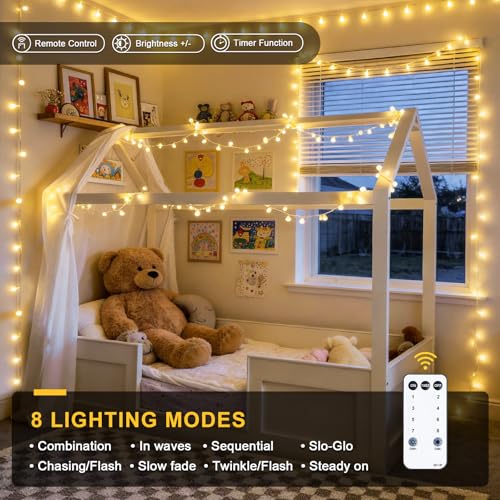 JMEXSUSS 100 LED Connectable Globe String Lights Indoor Bedroom, 33ft Warm White Christmas Lights Plug in with Remote, 8 Modes Hanging Fairy Light Outdoor for Room Classroom Party Spring Home Decor - color: Warm White, size: 100 LED Plug