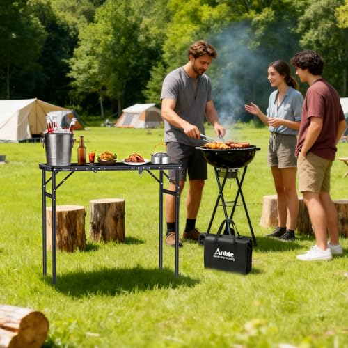Anbte 3ft Tri-fold Grill Table, 2 Adjustable Heights Max 29.5" Sturdy Metal Grill Table with Storage Bag, Heat-Resistant Tabletop, Portable Handle for Cooking BBQ Outdoor Travel, 35" x 16", Black - size: 35.4“L x 16"W x 29.5H"