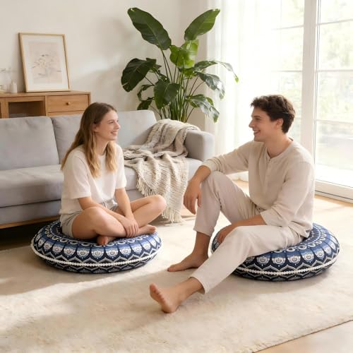 LOVMOC 32 Inch Round Floor Pillow for Adults Set of 2, Large Thick Memory Foam Boho Mandala Meditation Floor Seating Cushion, Machine Washable for Living Room Outdoor Yoga Floor Sitting, Navy Blue - color: Navy Blue, size: 2 Count (Pack of 1)