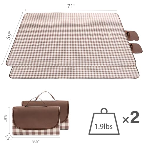 Wind Tour Waterproof Picnic Blanket with Carry Strap - Foldable Sandproof Outdoor Mat for Camping, Beach, Park - 59" x 71",Coffee Grid (Two Mat Set) - color: 59” X 71“,coffee Grid (Two Mat Set)