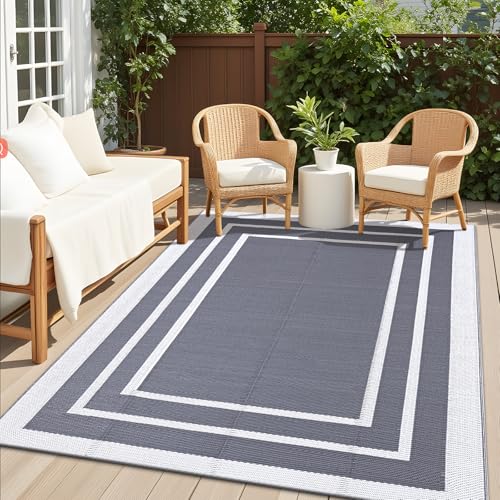 OLANLY Outdoor Rug 4x6 ft Waterproof, Reversible Outdoor Plastic Straw Rug, RV Mat, Indoor Outdoor Carpet Clearance for Patio, Camping, Balcony, Deck, Backyard, Grey & White - color: Grey & White, size: 4' X 6' (Rectangular)