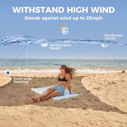 WEKAPO Beach Tent Sun Shelter - Easy Setup Beach Canopy with 4 Sturdy Poles, Large Sandbags and Shovel, 6'7'' Tall, Windproof Sun Shade for Backyard and Camping, UPF 50+ Protectio - color: Sapphire Twilight Leaf, size: 8x8 FT 4 Pole