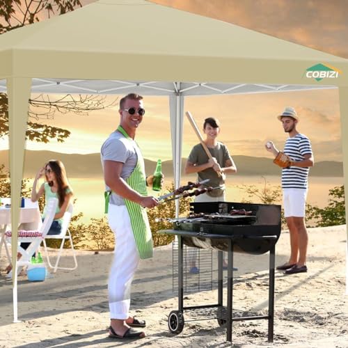 COBIZI 10x10 Pop Up Canopy Tent Without Sidewall, UPF 50+ Waterproof Outdoor Canopy, Instant Tent Portable Canopies Gazebo for Commercial Sun Shade Party Backyard with 4 Sandbags(Khaki) - color: Khaki, size: 10x10FT without sidewall