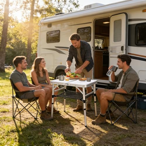 YUFIFAIRY Small Folding Camping Table, 2ft Portable Table with 3 Adjustable Heights, Aluminum Lightweight Foldable Picnic Table with Mesh Layer and Extension Legs for RV, BBQ and Indoor - color: White Marble Top & Silver Frame