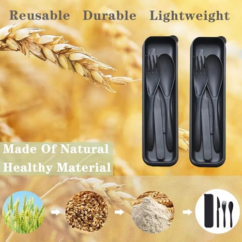 Reusable Travel Utensils Set with Case, 2 Sets Wheat Straw Portable Plastic Fork Spoons Knife Cutlery, Camping Eco-Friendly BPA Free Tableware for Kids Adults Work Picnic or Daily Use (Black) - color: Black