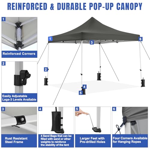 Yesker 10x10 Pop Up Canopy Tent with 4 Sidewalls Portable Folding Outdoor Canopy Easy Setup Gazebo Waterproof Instant Popup Shelter Tent w Wheeled Carry Bag sandbags for Events Parties Camping, Gray - size: 10x10FT Gray w Sidewalls