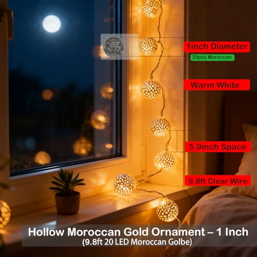 USB & Battery Operated Fairy Moroccan String Lights for Home Bedroom Decor, 9.8ft 20 LED Decorative Metal Gold Globe Lanterns 8 Modes Diwali Decoration for Christmas Birthday Boho Party (Warm White) - color: Warm White