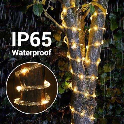 Solar Rope Lights, 2 Pack Total 66ft 200LED Solar String Lights, 8 Modes Waterproof Solar Powered Outdoor Light, Flexible Clear Tube Light for Garden Yard Patio Deck Porch Pool Tree Decor - Warm White - color: Warm White, size: 2*33ft