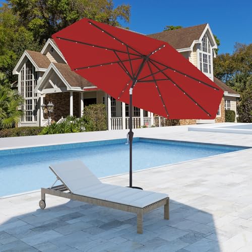 9FT Patio Umbrella with Solar Lights,Outdoor Market Umbrella with Tilt and Crank, LED Lighted Table Umbrella for Garden,Deck,Backyard,Pool,Beach (Red) - color: Red