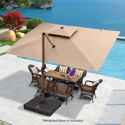 PURPLE LEAF 9' X 12' Double Top Deluxe Wood Pattern Rectangle Patio Umbrella with Base Offset Hanging Umbrella Outdoor Market Umbrella Garden Umbrella, Beige - color: Beige, size: 9'X12', style: Base Included