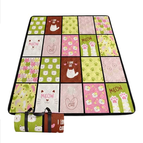 Outdoor Picnic Blanket Portable Ultrasonic Waterproof Picnic Cat Plaid Printed Camping Beach Mat for Sand and Wet Grass Hiking (Cats S - color: Cats, size: Standard - 59"x78"