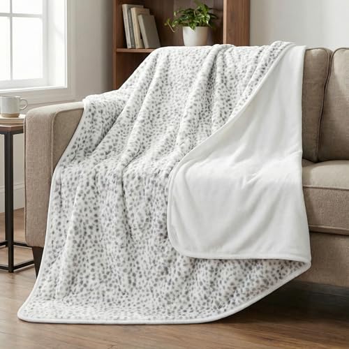 Waterproof Blanket for Bed, Couch, or Car - 60” x 80” Reversible Queen Size Throw Blanket for Reliable Leakproof Furniture Protection - Washable Pet Throws by Lavish Home (Snow Leopard Print) - color: White/Grey