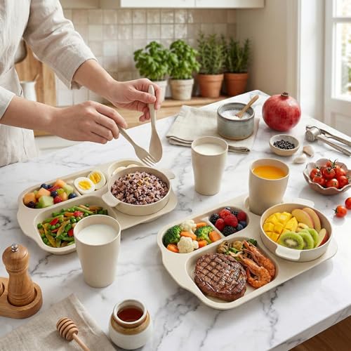 24 PCS Wheat Straw Dinnerware Set for Kids Divided Plates Bowls Cup Cutlery Sets, Reusable Tableware Set Microwave Dishwasher Safe for School Party, Camping, Home - color: Beige