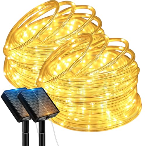 btfarm 2 Pack Solar Rope Lights Outdoor, 120LED 46FT Solar String Lights Outside Waterproof, 8 Lighting Modes Solar Powered Strip Light for Garden Tree Christmas Yard Party Wedding Decor, Warm White - color: Warm White, size: 2 Pack