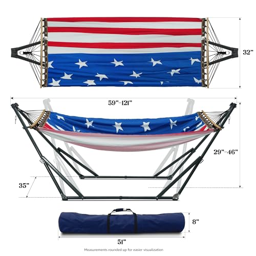 Tranquillo Sturdy Steel Hammock with Stand Premium Cotton Canvas Hammock, 600 lbs Capacity Hammock Stand Folding, Portable 30-Second Fold Unfold, for Camping, American Flag - color: 2. American Flag