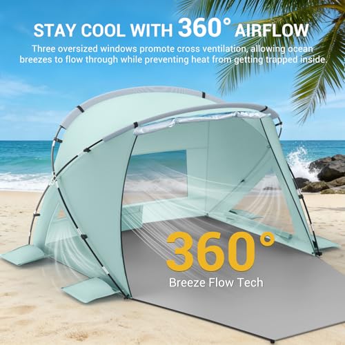 Elegear Beach Tent Sun Shelter with Canopy, CumbreX™ 4-6 Person Pop Up beach tent, Easy Setup UPF 50+ UV Protection Portable Lightweight Waterproof Cooler Family Beach Cabana Sun Shade Shelter - Green - color: Green