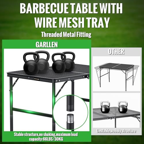 GARLLEN Folding Grill Table, 2-Height Adjustable Folding Camping Table with Heat-Resistant Wider Tabletop, Portable Aluminum Outdoor Tables for BBQ, Camping, Picnic, 35" L x 21.65" W, Black - color: Black, size: Tabletop Size: 35"L x 21.65"W