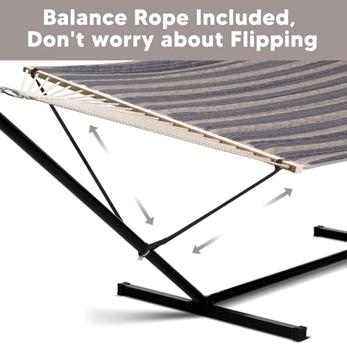 SUNCREAT Hammock with Stand 2 Person Heavy Duty, Freestanding Hammock with Spreader Bar, Soft Pillow, Gray Stripes - color: Gray & Brown, size: 12 ft Stand