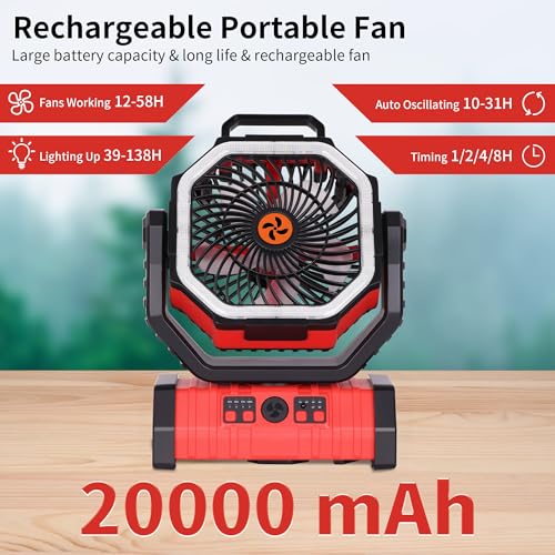 Battery Powered Fan Portable,20000mAh Rechargeable Camping Fan with LED Lantern,Auto-Oscillating USB Personal Battery Operated Fans Portable for Tens & Hanging Hook (Red) - color: Red