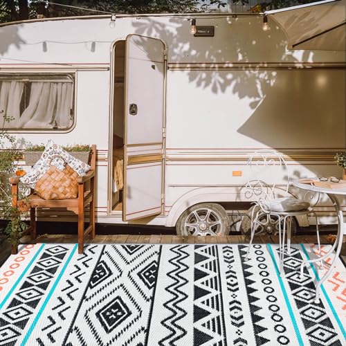 Outdoor Rugs Patio Camping Waterproof - 8x10 Plastic Straw Patio Rug Portable for Campers, Outside RVs Mat, Outdoor Area Carpet for Patios Clearance, Backyard Porch, Balcony, Picnic - color: Black Red, size: 8' x 10' (Rectangular)