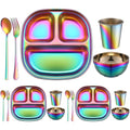 Tioncy 15 Pcs Stainless Steel Kids Dinner Set, Bowls, Balanced Bites Divided Plates, Cups, Spoons and Forks, Stainless Steel Lunch Plates Dinnerware Set for Kids Toddlers (Classic) - style: Classic