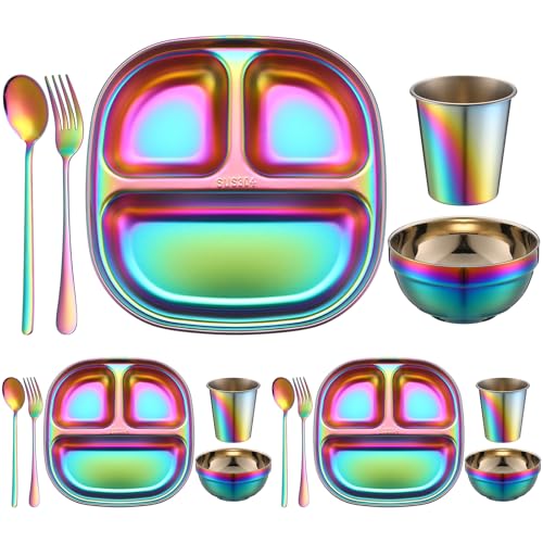 Tioncy 15 Pcs Stainless Steel Kids Dinner Set, Bowls, Balanced Bites Divided Plates, Cups, Spoons and Forks, Stainless Steel Lunch Plates Dinnerware Set for Kids Toddlers (Classic) - style: Classic