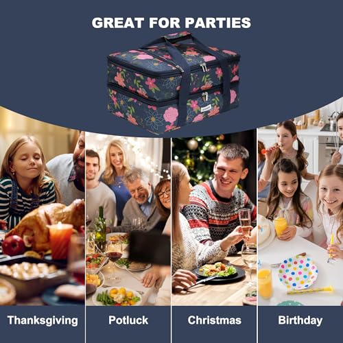 Double Decker Insulated Casserole Carrier, Expandable Thermal Food Warmer Bag Fits 9x13 Dish, Leak-Proof Potluck Lasagna Holder with Utensil Pocket for Picnic Party Cookout (Blue Floral) - color: Blue Floral
