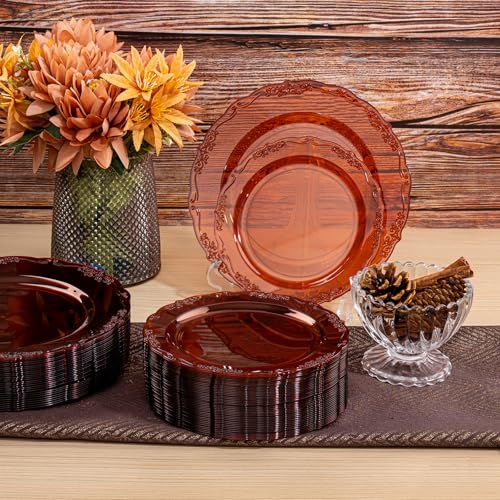 U-QE 100PCS Amber Plastic Plates - Clear Brown Plastic Plates Disposable Heavy Duty - Disposable Plates for Party Including 50PCS 10'' Dinner & 50PCS 7.5'' Dessert Plate - color: Amber