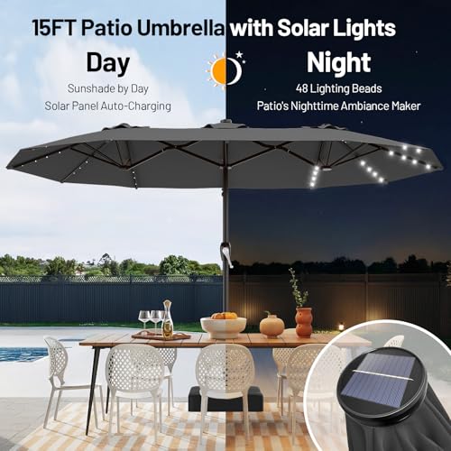 AreShark 15FT Patio Umbrella with Solar Lights, Double Sided Outdoor Table Umbrellas with Crank, Large Rectangular Market Umbrella for Porch, Lawn, Pool, Backyard, Gray - color: Gray, size: 9x15 Ft