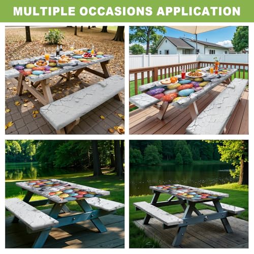 ANNA QUEEN Easter Bunny 6FT Picnic Table Cover with Bench Covers Set of 3 with Drawstring Bag, Bunny & Easter Eggs 72"x30" Waterproof Picnic Tablecloth & Bench Covers for Outdoor Party - color: #60