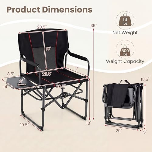 GYMAX Oversized Camping Directors Chair, Portable Folding Camping Chairs for Adults with Table, Heavy-Duty Lawn Chair for Fishing, Picnic, Sports, Beach, Outdoor, Supports 500LBS (Black) - color: Black