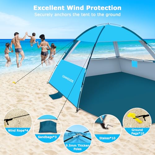 COMMOUDS Beach Tent Sun Shade for 3/4/6/8 Person, UPF 50+ Beach Sun Shelter Canopy Tent, Lightweight, Easy Set Up and Carry - color: Blue, size: 6 Person