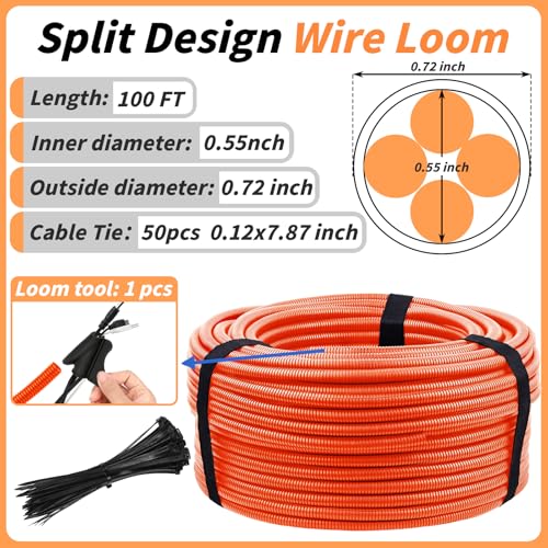 100FT Orange Split Wire Loom Tubing, 3/4 Inch Wire Protector Tubing, Automotive Wire Flexible Conduit Cord Covers with Installation Tool 50 Cable Ties for RV Agriculture Electrical Cable Protection - color: Orange, size: 3/4in x 100ft